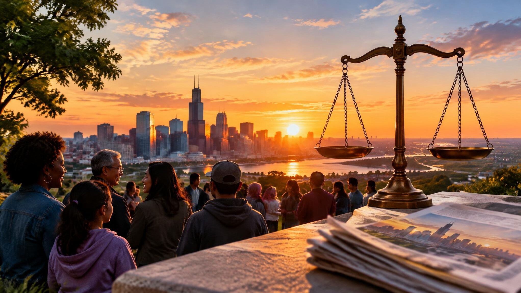 sunset over city skyline