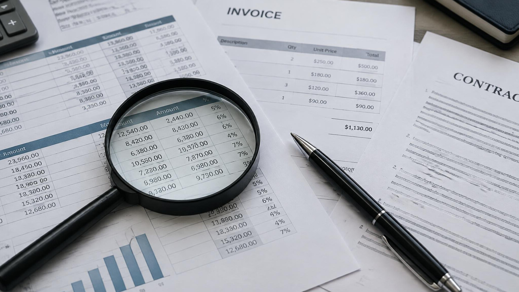 Close-up of financial spreadsheets and documents being analyzed